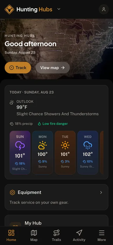 The Hunting Hubs app dashboard