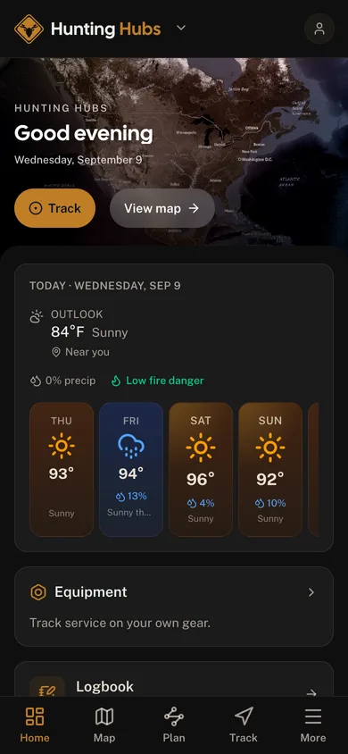 The Hunting Hubs app dashboard
