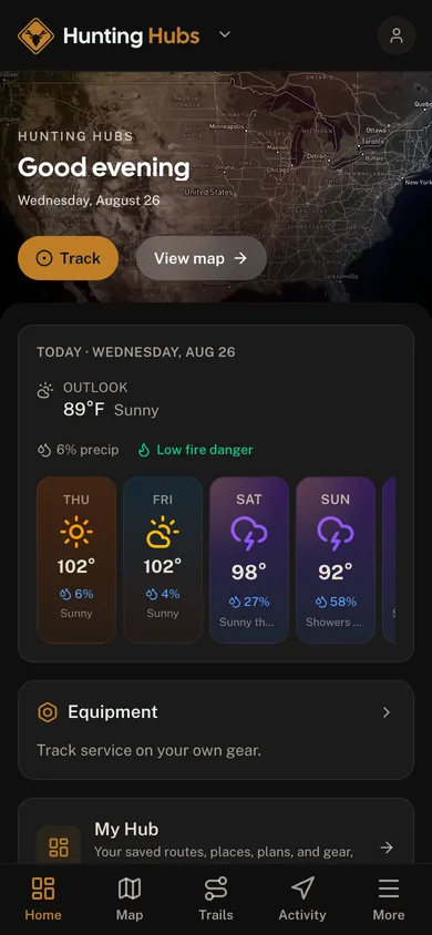 The Hunting Hubs app dashboard