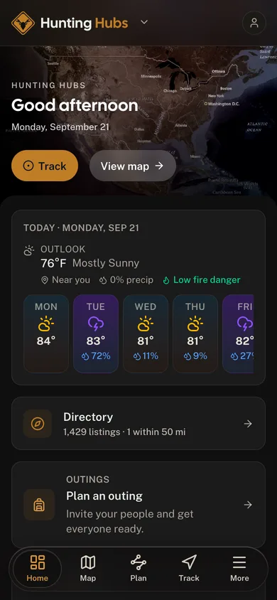 The Hunting Hubs app dashboard