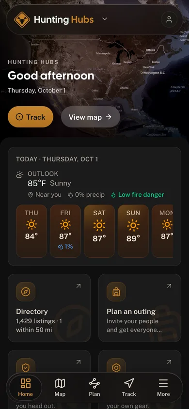 The Hunting Hubs app dashboard