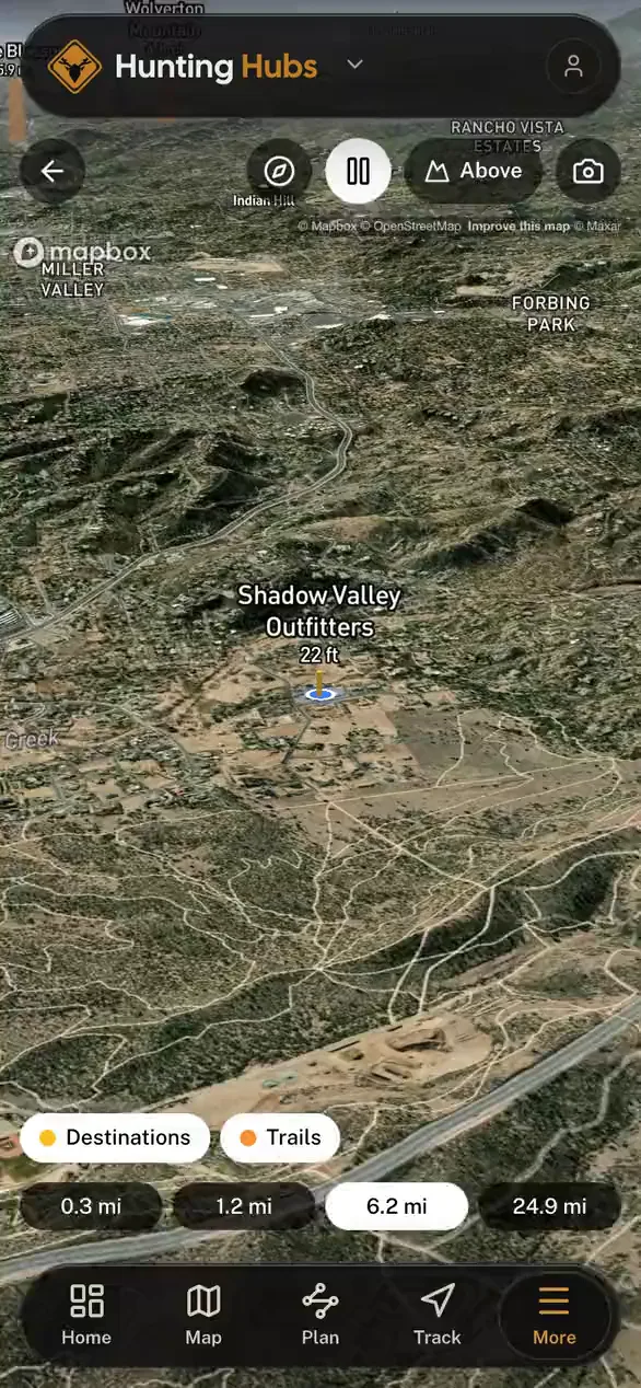 Nearby places standing on the real terrain in 3D in the Hunting Hubs app