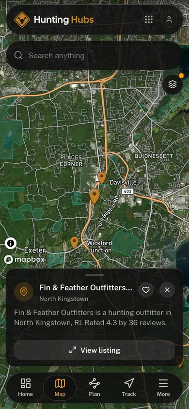 Nearby places mapped in the Hunting Hubs app