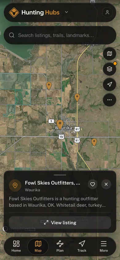 Nearby places mapped in the Hunting Hubs app