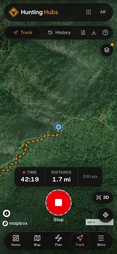 A trip being recorded live, with its line, time and distance in the Hunting Hubs app