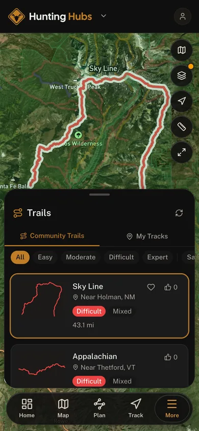 A named trail traced over satellite imagery in the Hunting Hubs app