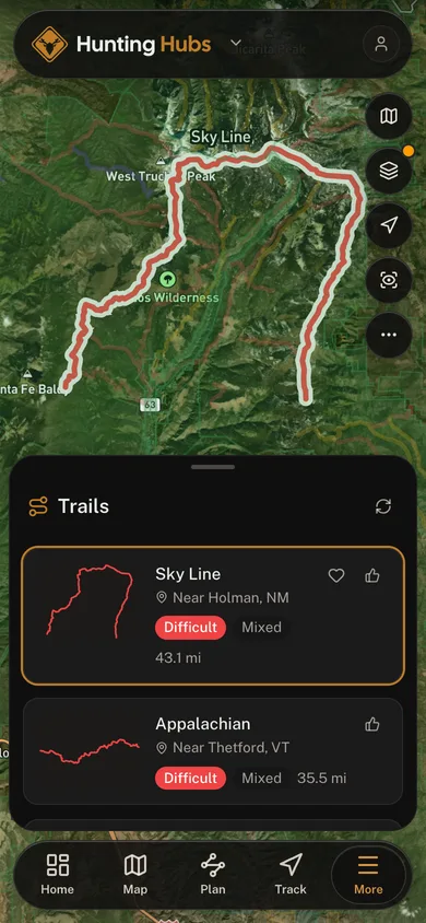 A named trail traced over satellite imagery in the Hunting Hubs app