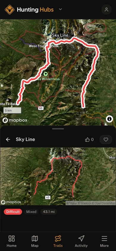 A named trail traced over satellite imagery in the Hunting Hubs app