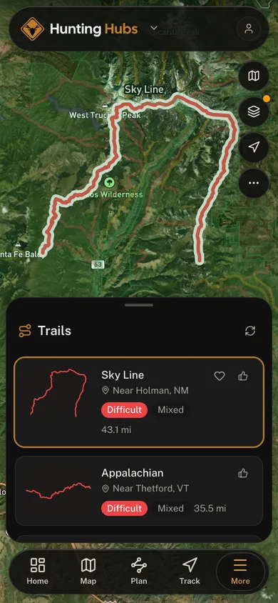 A named trail traced over satellite imagery in the Hunting Hubs app