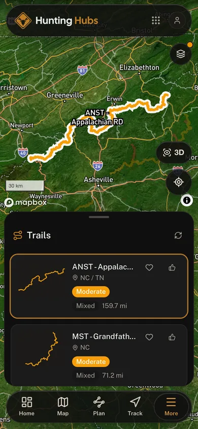 A named trail traced over satellite imagery in the Hunting Hubs app
