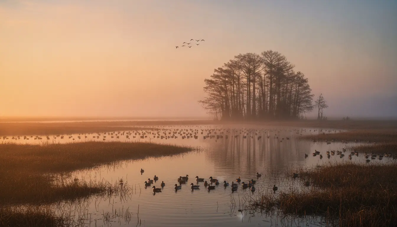 Waterfowl: Guided duck and goose hunts: flooded timber, layout blinds, pit blinds, and coastal marsh setups.