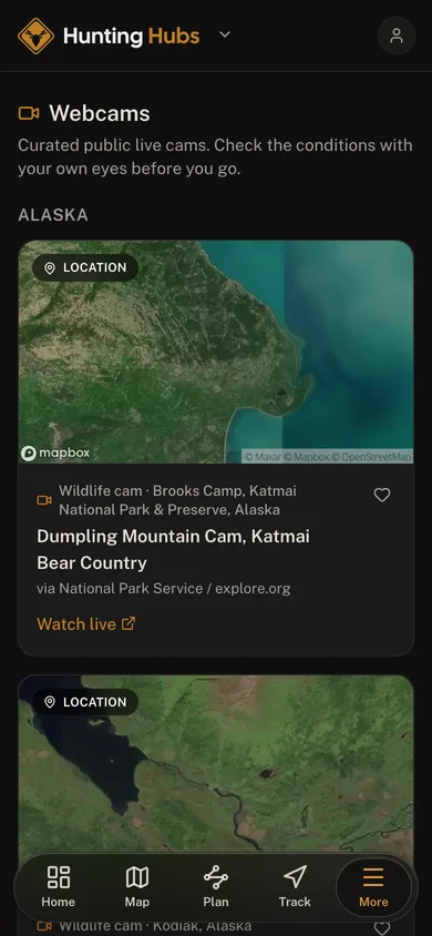Live public webcams grouped by state in the Hunting Hubs app