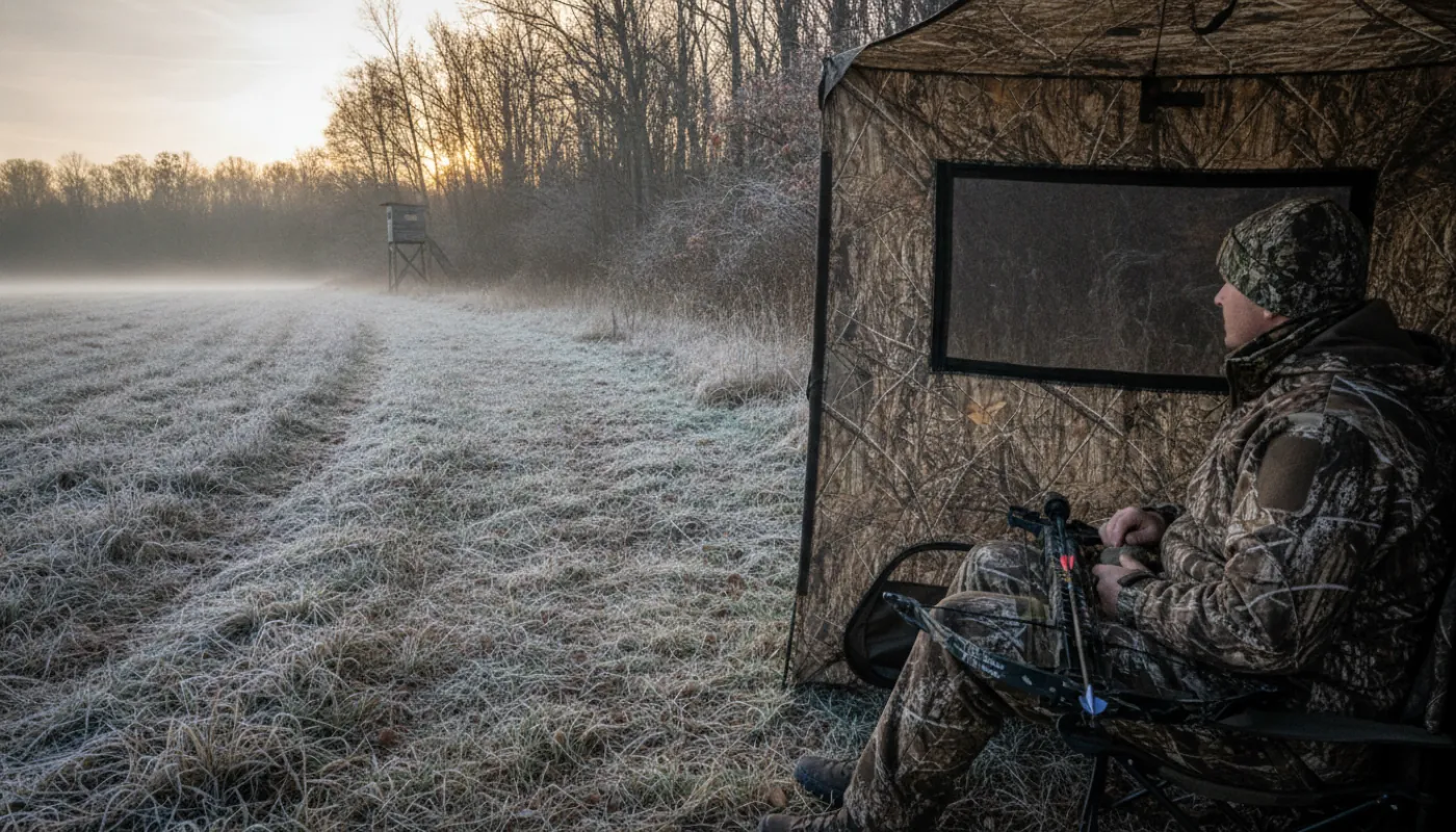 A crossbow resting across a hunter's lap in a ground blind, bolt nocked, looking out through the window at a frosted field edge