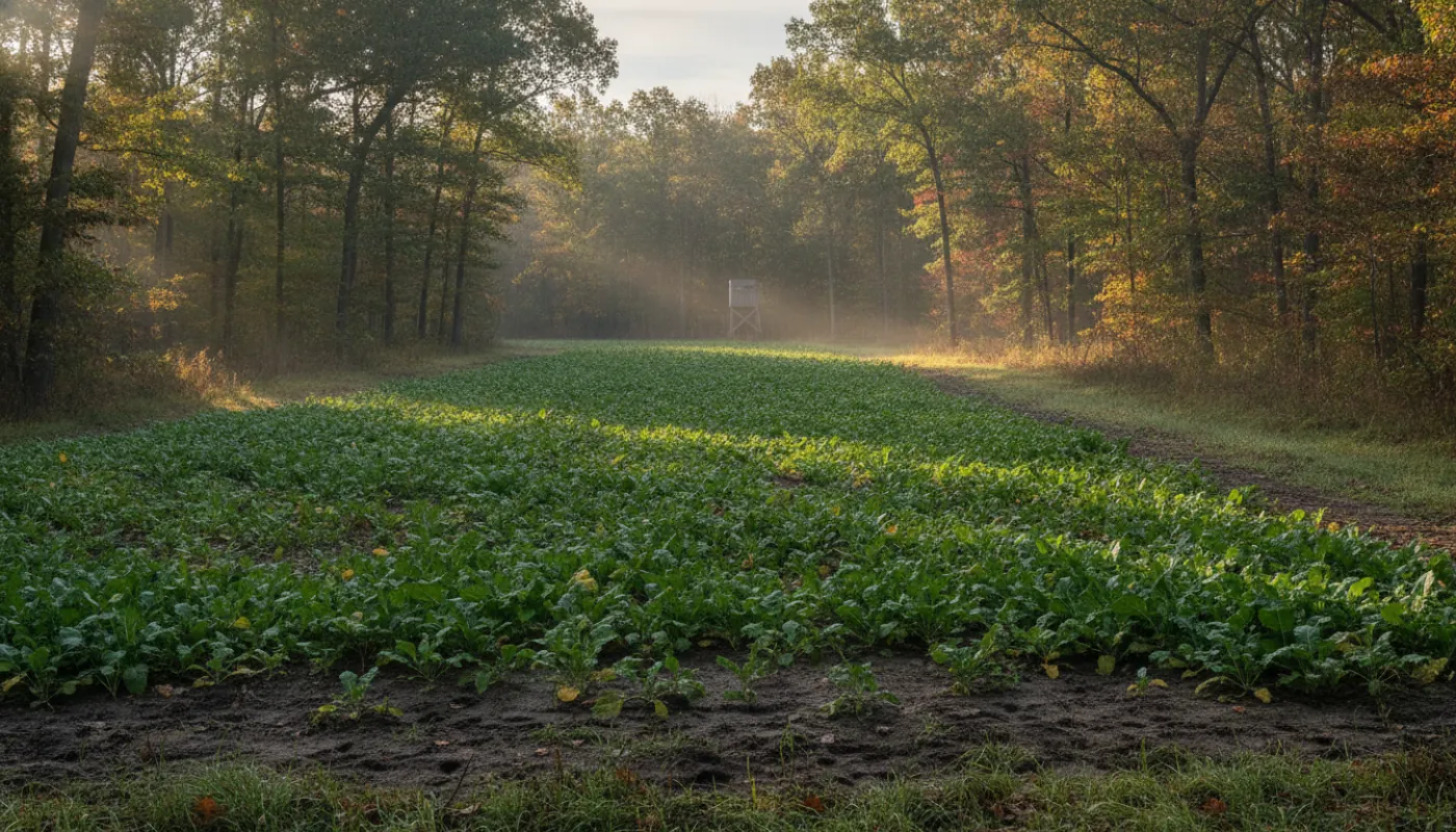A green food plot of brassicas in a timber opening at dusk, deer tracks in the soft soil along the edge, hardwoods closing in on all sides