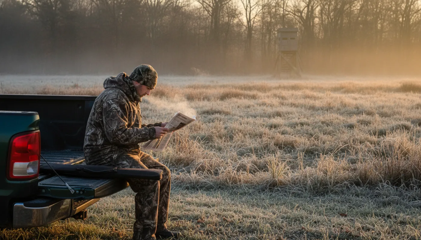 A hunter sitting on a tailgate in a frosty field at first light reading a folded regulations digest, shotgun cased beside them, breath visible in the cold