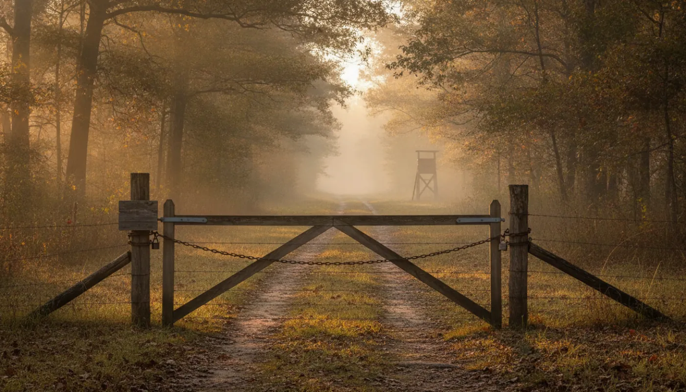 A gate across a two-track leading into timber, a club sign and lock chain visible, morning fog behind