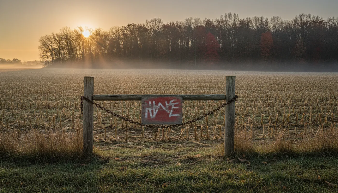A hunting lease gate with a chain and a hand-lettered sign at the edge of a field, timber beyond, low grey autumn light