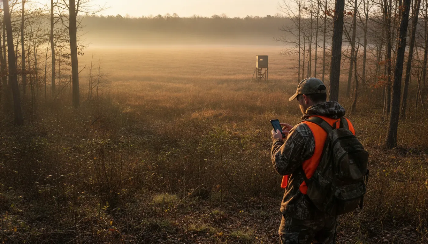 A hunter standing at the edge of a hardwood ridge at first light checking a phone, orange vest visible, timber and a distant field edge falling away below