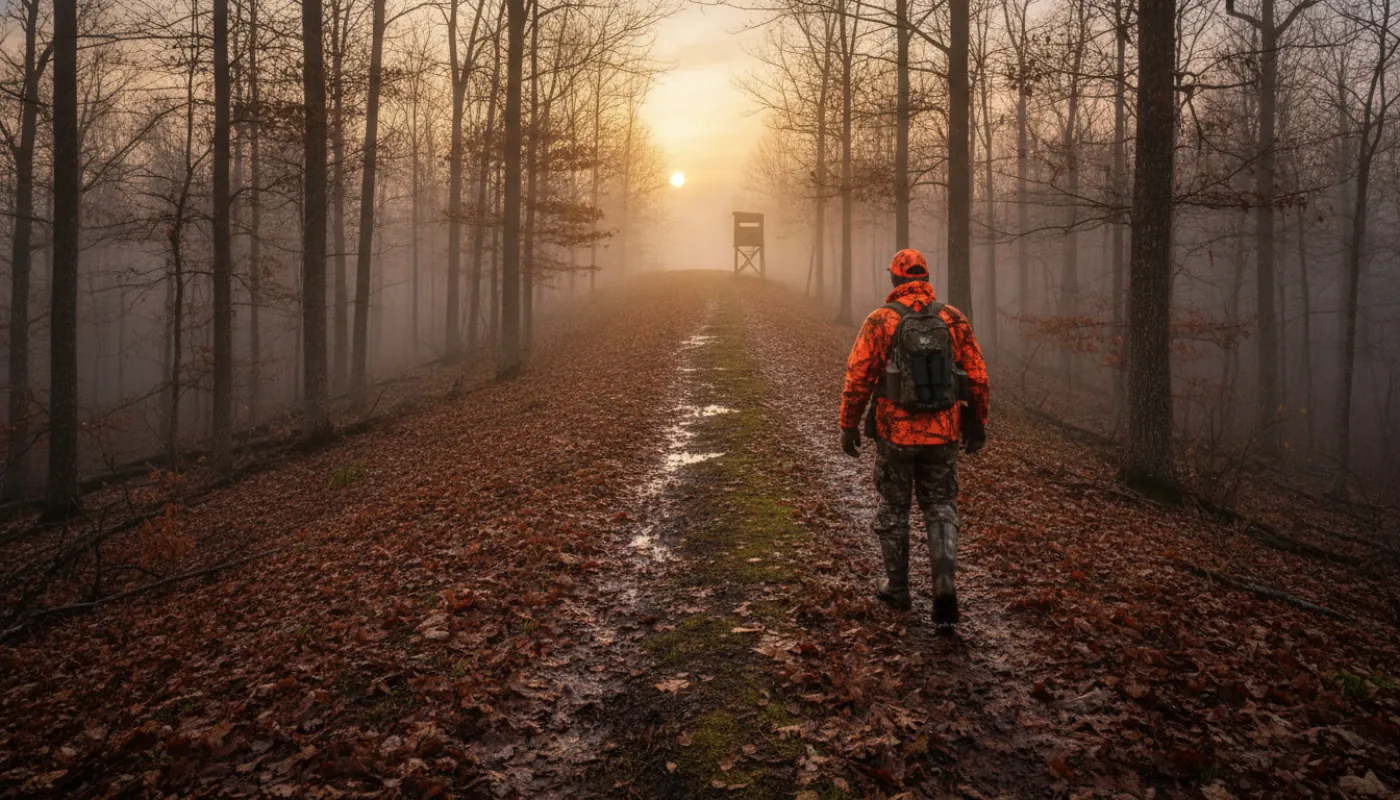 A hunter in blaze orange working along a wooded ridge at first light, boots in wet leaves, timber falling away into fog on both sides