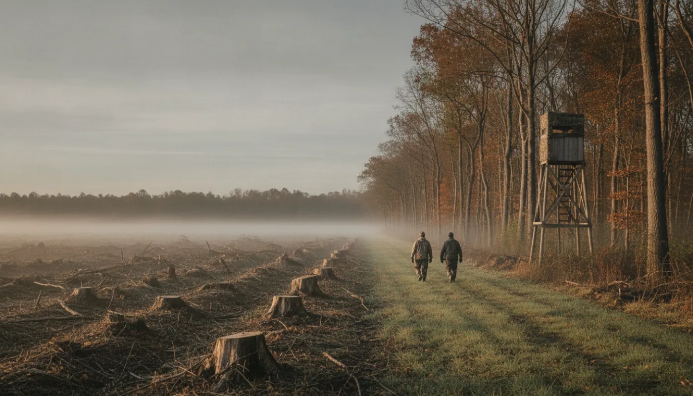 Two hunters walking a property line at the edge of a cutover, standing timber on one side and stumps on the other, grey autumn sky