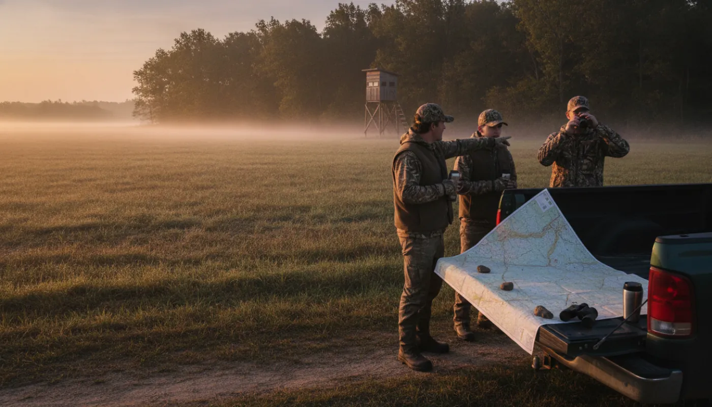 A small group of hunters standing around a truck tailgate at the edge of a field, maps spread out, late afternoon light
