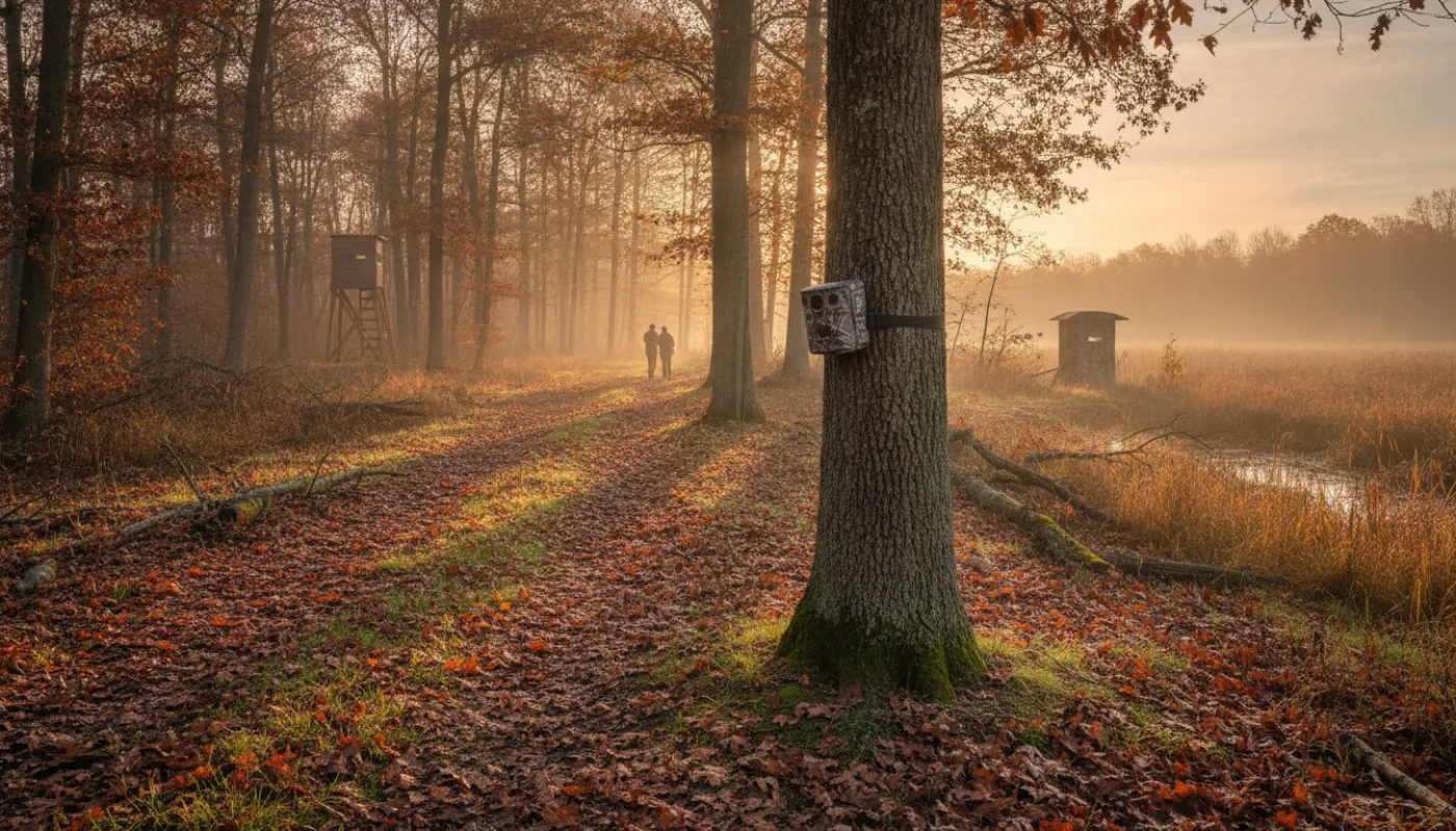 A trail camera strapped to an oak at knee height, aimed down a leaf-covered game trail through hardwoods in flat morning light