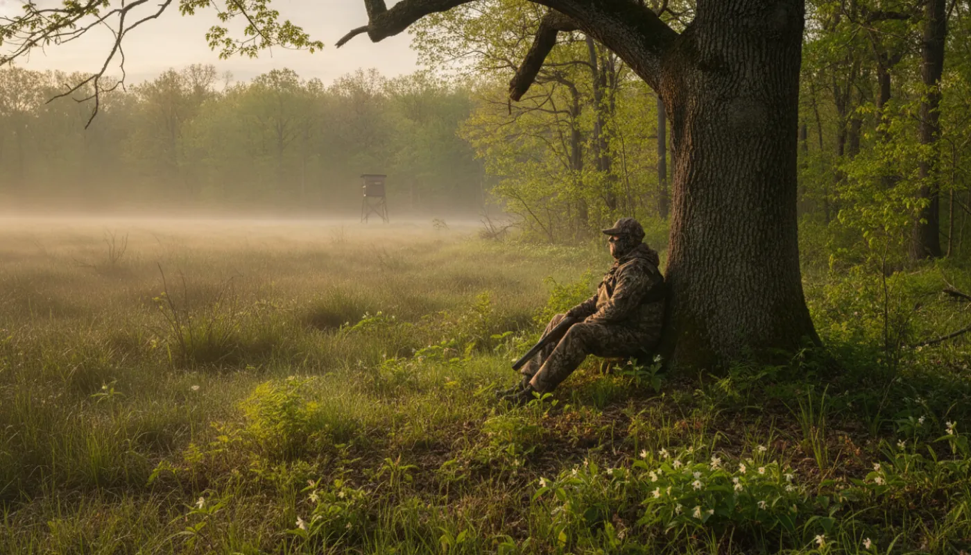 A turkey hunter sitting motionless against the base of a large oak in dappled spring woods, shotgun across the knees, green undergrowth all around