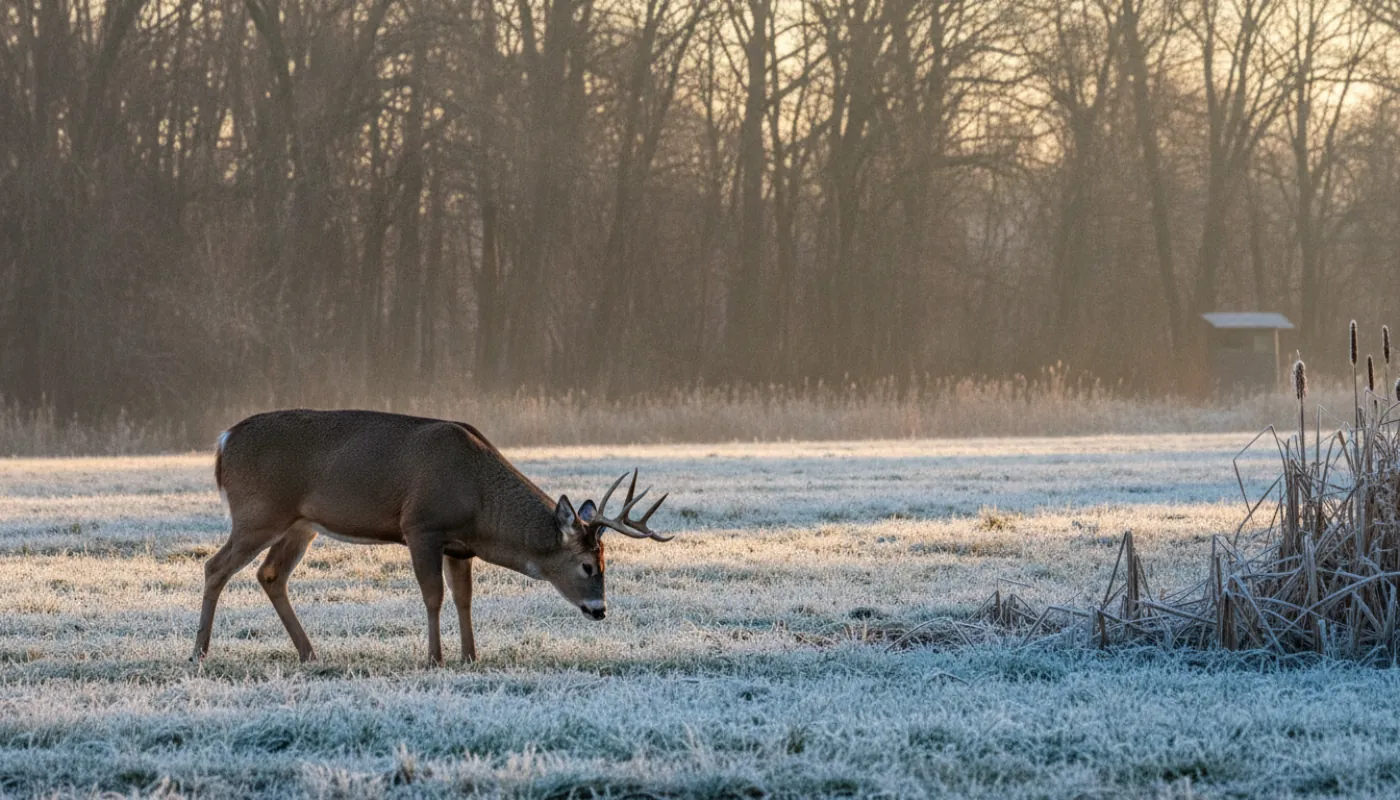 A heavy-necked whitetail buck standing in a frost-covered field edge at dawn, breath steaming, head lowered and ears back in a rutting posture