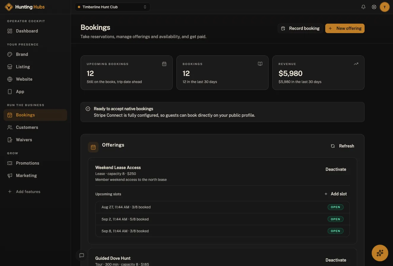 Hunting Hubs cockpit: Bookings & payments