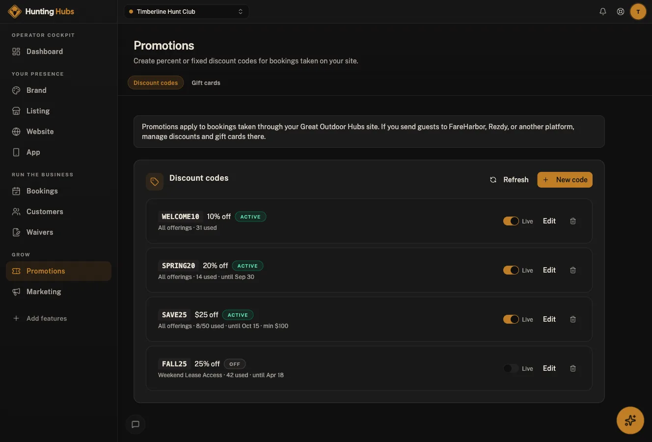 Hunting Hubs cockpit: Promotions