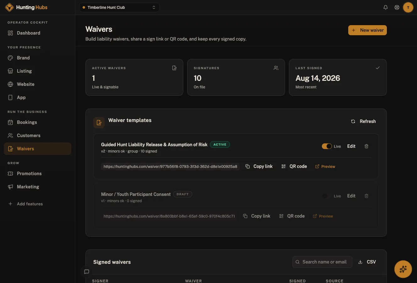 Hunting Hubs cockpit: Digital waivers