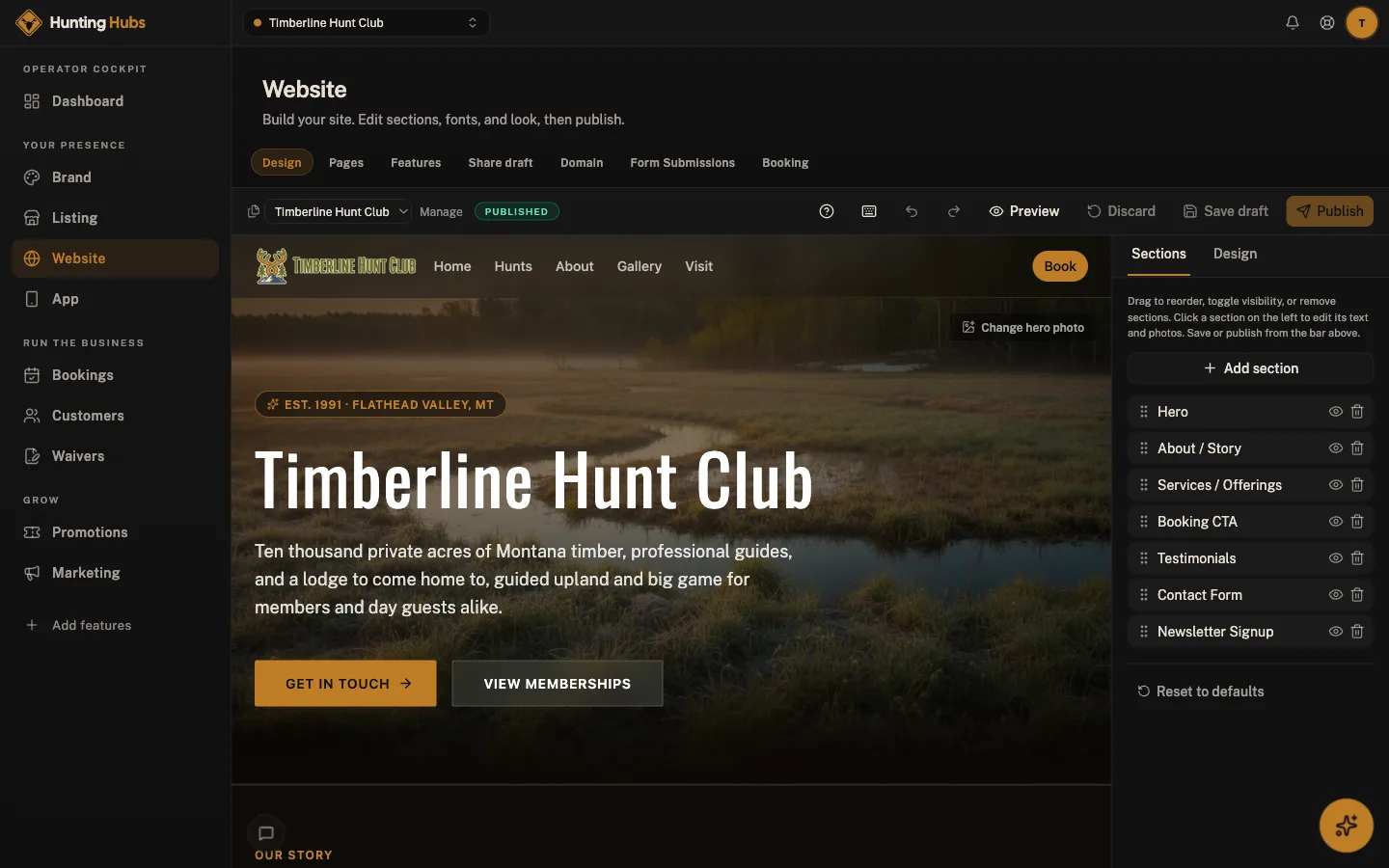 Hunting Hubs cockpit: Website builder